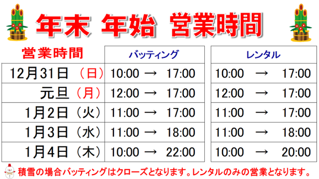 バッティング＆高岡店レンタル年末年始営業時間のご案内